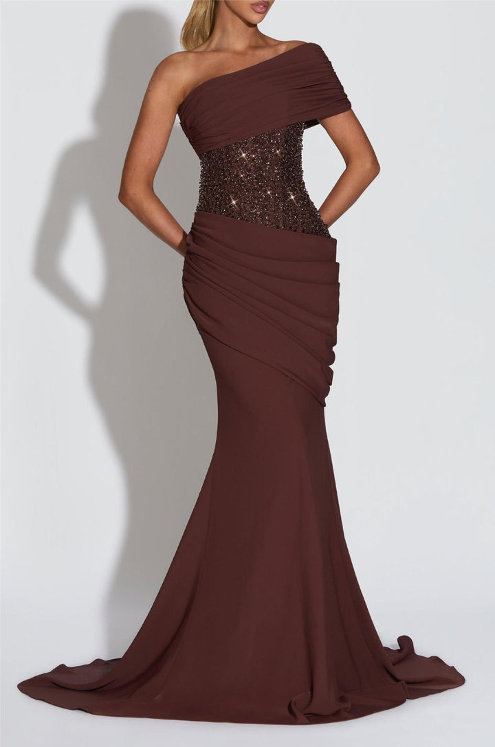 One-shoulder maxi dress with pleats and sequins, ties at the back for fastening at the waist - Sydney
