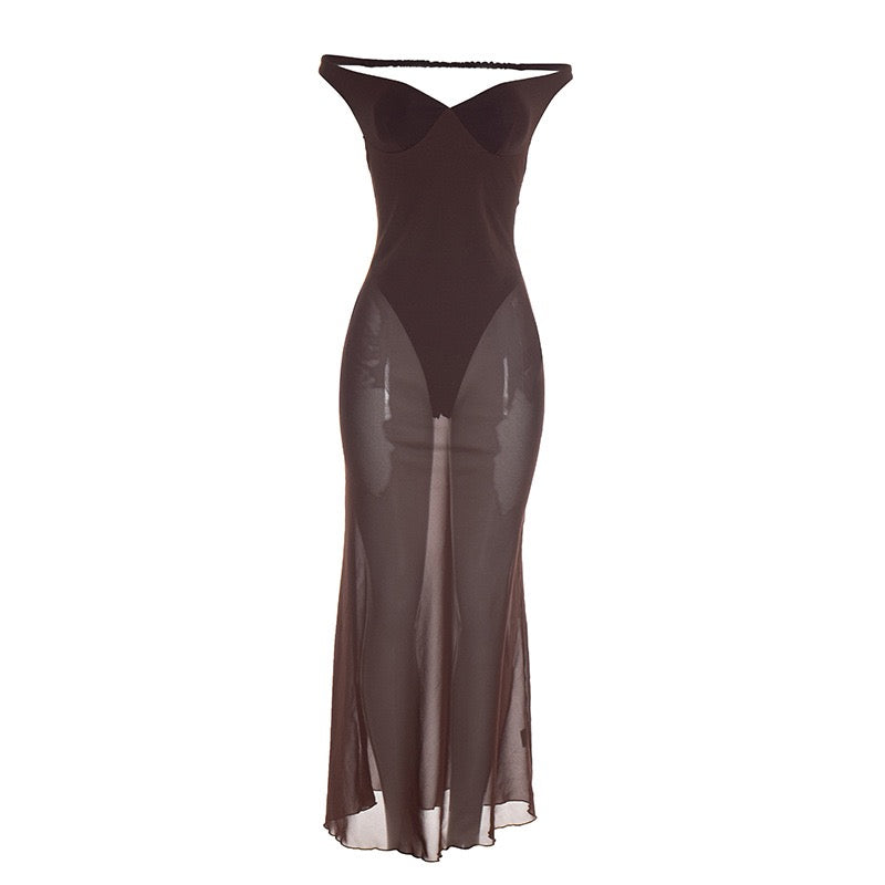 Maxi chiffon dress with off-shoulder bodysuit design - JULIEN