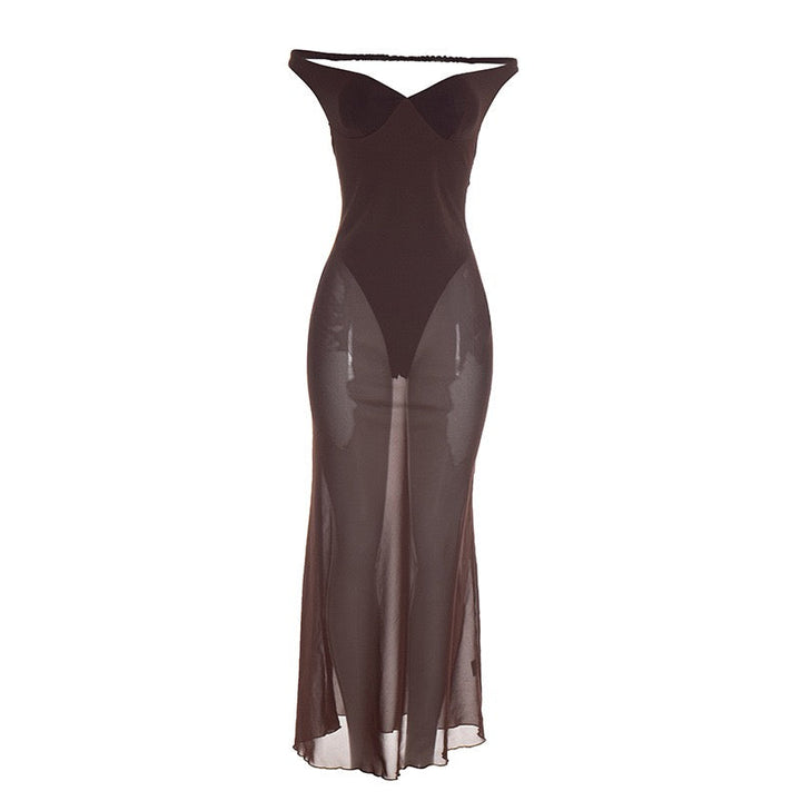 Maxi chiffon dress with off-shoulder bodysuit design - JULIEN