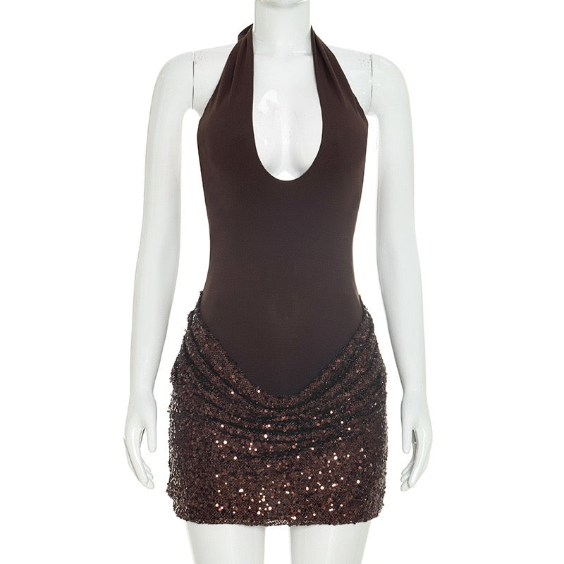 MELISSA mini dress with a neck tie, open back, and sequin-skirt design