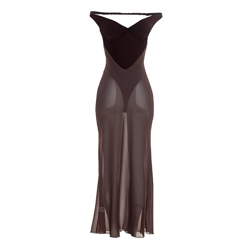 Maxi chiffon dress with off-shoulder bodysuit design - JULIEN