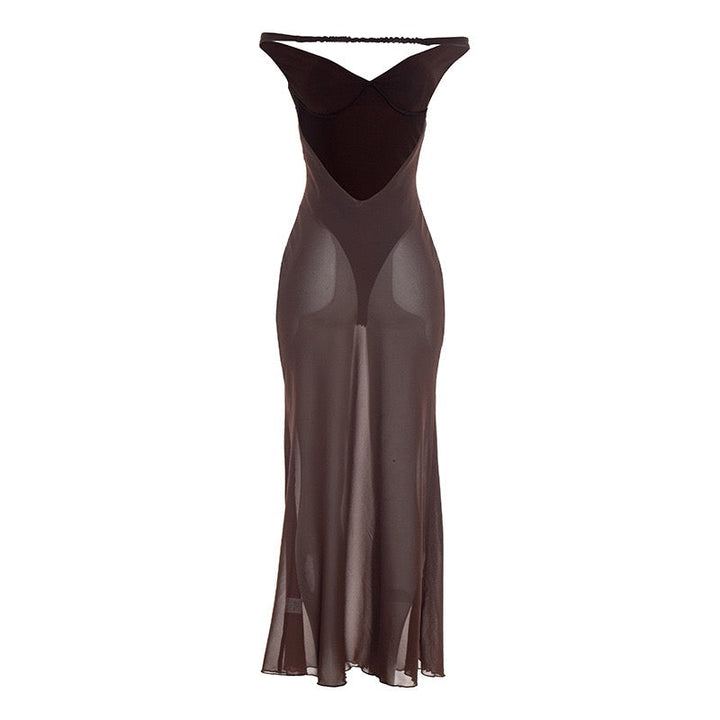 Maxi chiffon dress with off-shoulder bodysuit design - JULIEN