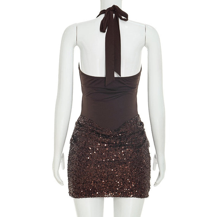 MELISSA mini dress with a neck tie, open back, and sequin-skirt design