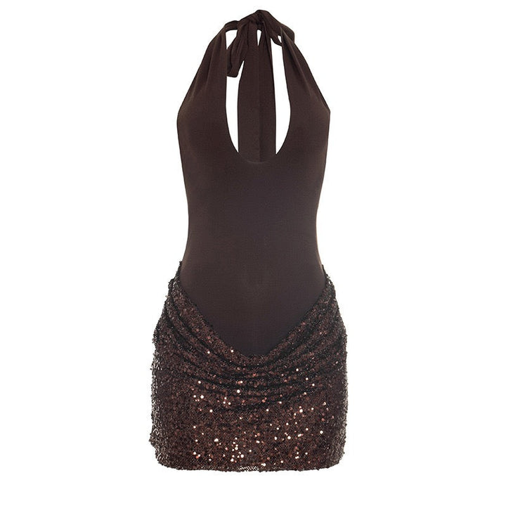MELISSA mini dress with a neck tie, open back, and sequin-skirt design