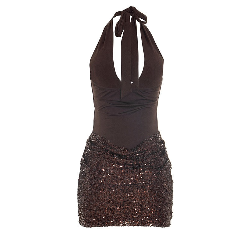 MELISSA mini dress with a neck tie, open back, and sequin-skirt design