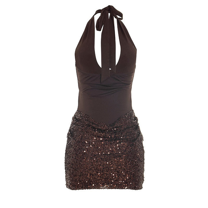 MELISSA mini dress with a neck tie, open back, and sequin-skirt design