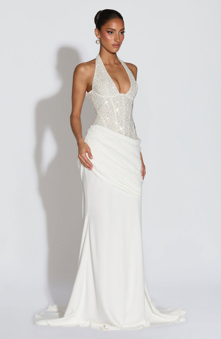 Maxi dress with sequin design, back closure, open back, tie at the back to attach at the waist - Liana