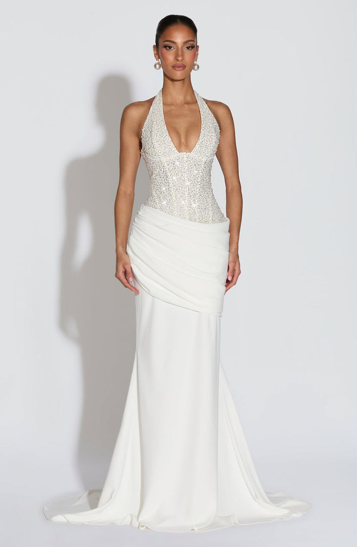 Maxi dress with sequin design, back closure, open back, tie at the back to attach at the waist - Liana
