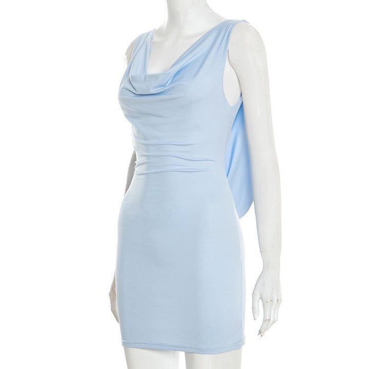 שמלת מיני בעיצוב קיפולים גב פתוח בעיטור שרשרת אבנים - SIA