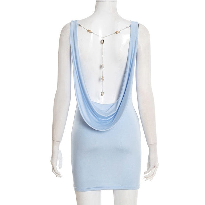 שמלת מיני בעיצוב קיפולים גב פתוח בעיטור שרשרת אבנים - SIA