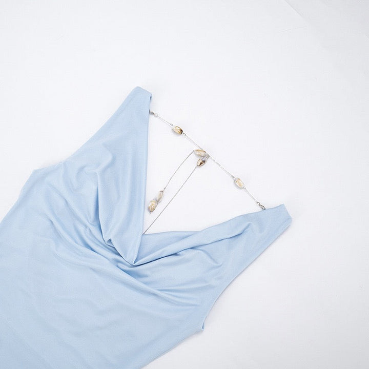 שמלת מיני בעיצוב קיפולים גב פתוח בעיטור שרשרת אבנים - SIA