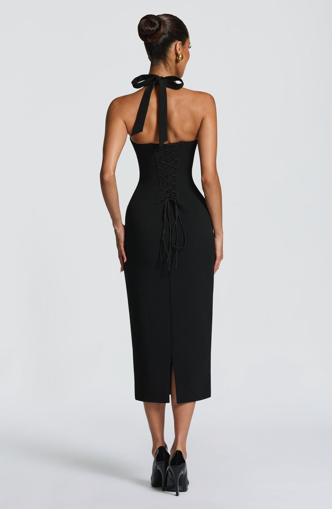 Tight midi dress with lace trim and open back - KYLA