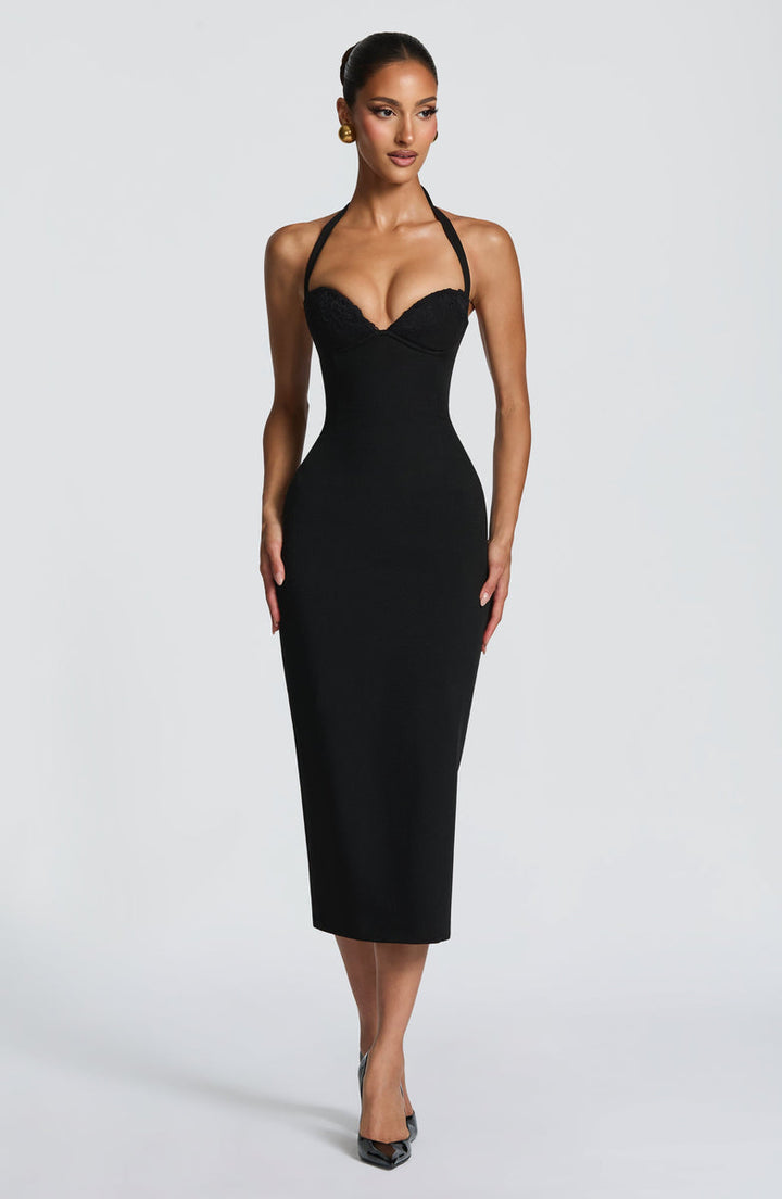 Tight midi dress with lace trim and open back - KYLA