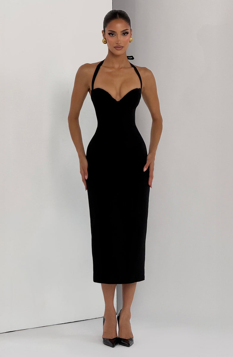 Tight midi dress with lace trim and open back - KYLA