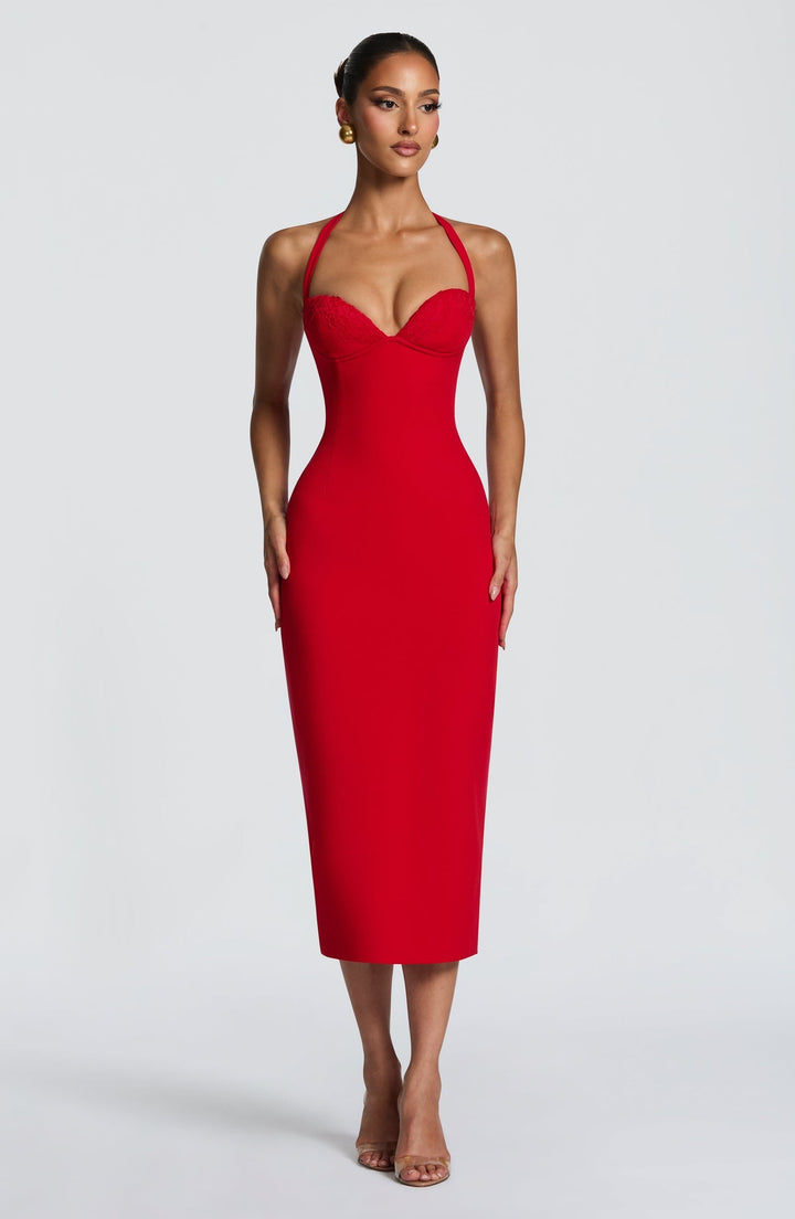 Tight midi dress with lace trim and open back - KYLA