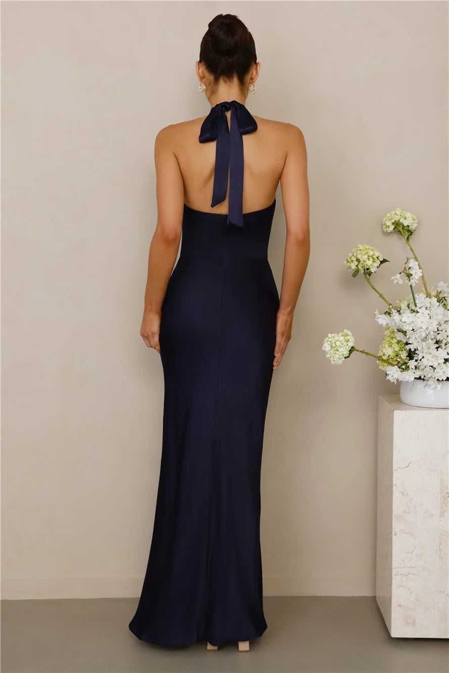 Maxi Satin Dress with Tie at the Neck and Open Back - MAZIE