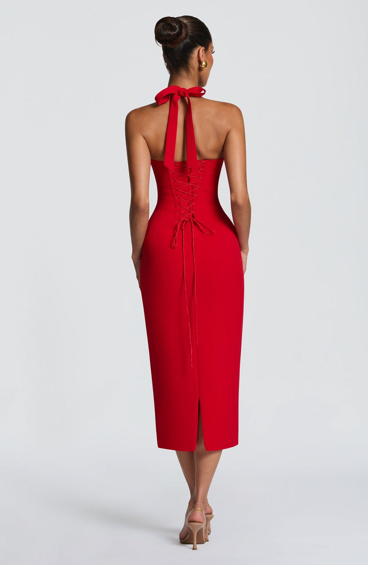 Tight midi dress with lace trim and open back - KYLA