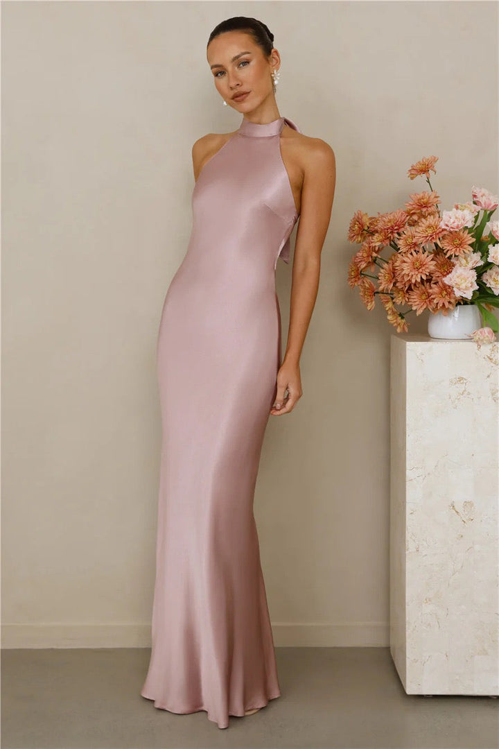 Maxi Satin Dress with Tie at the Neck and Open Back - MAZIE