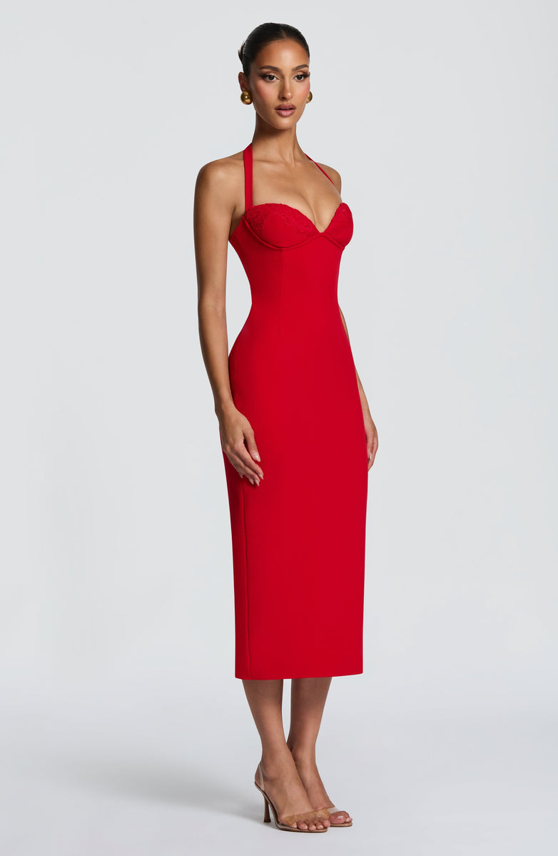 Tight midi dress with lace trim and open back - KYLA