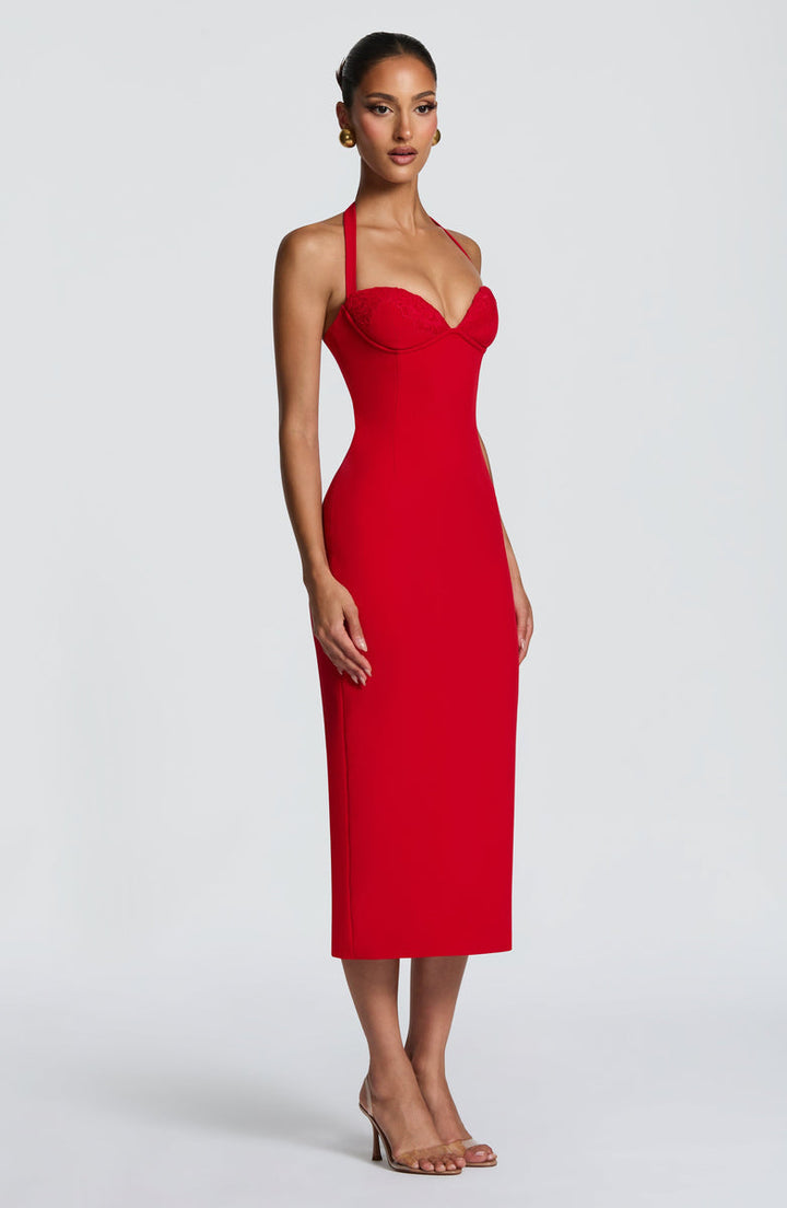 Tight midi dress with lace trim and open back - KYLA