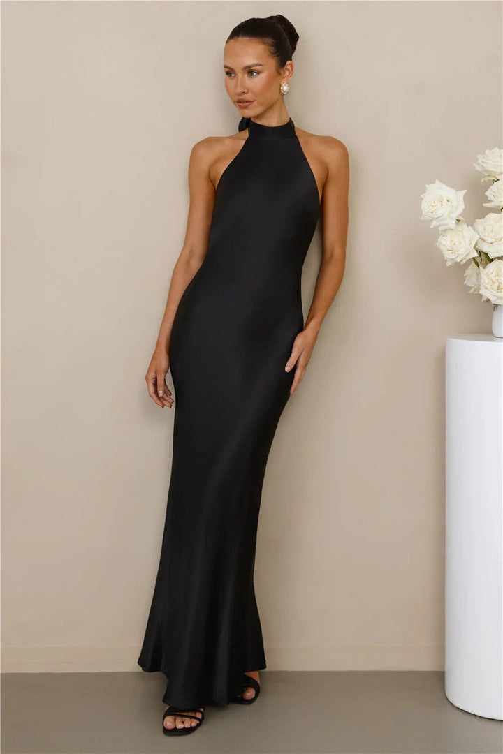 Maxi Satin Dress with Tie at the Neck and Open Back - MAZIE
