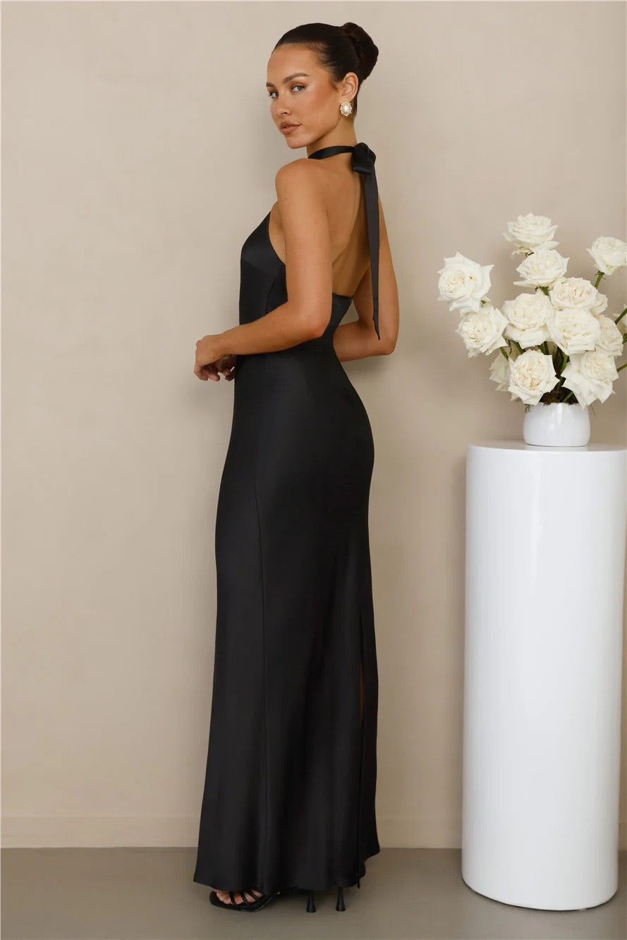 Maxi Satin Dress with Tie at the Neck and Open Back - MAZIE