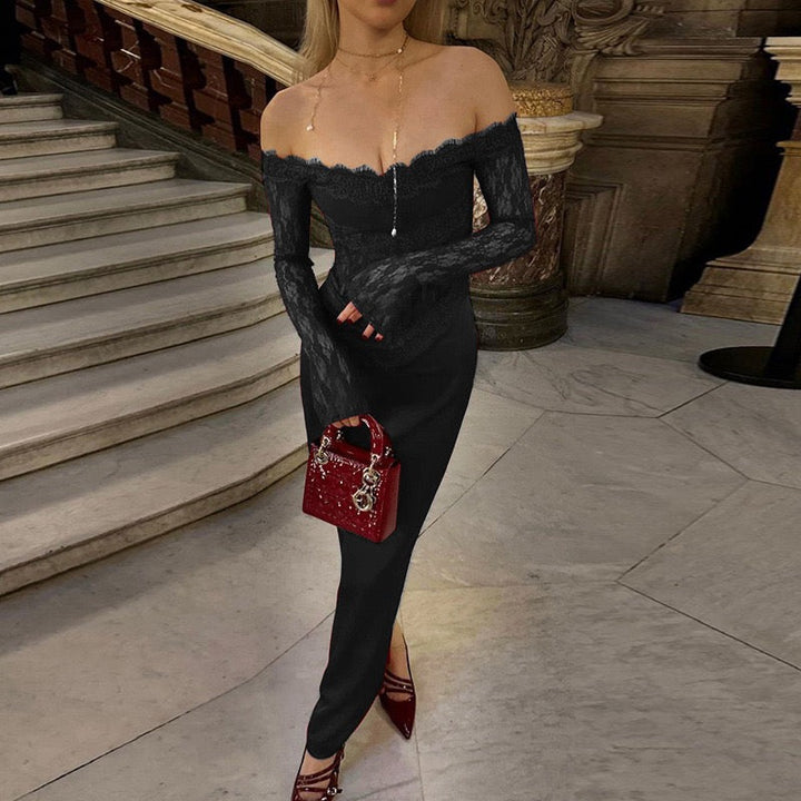 Elegant maxi dress with off-the-shoulder design and lace trim - Tamara