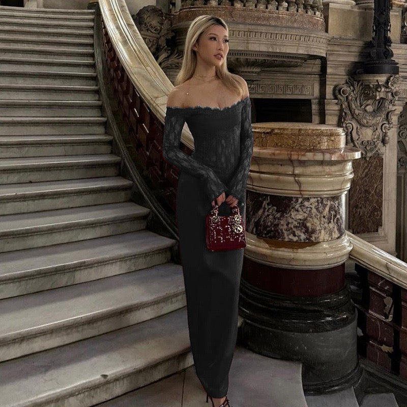 Elegant maxi dress with off-the-shoulder design and lace trim - Tamara