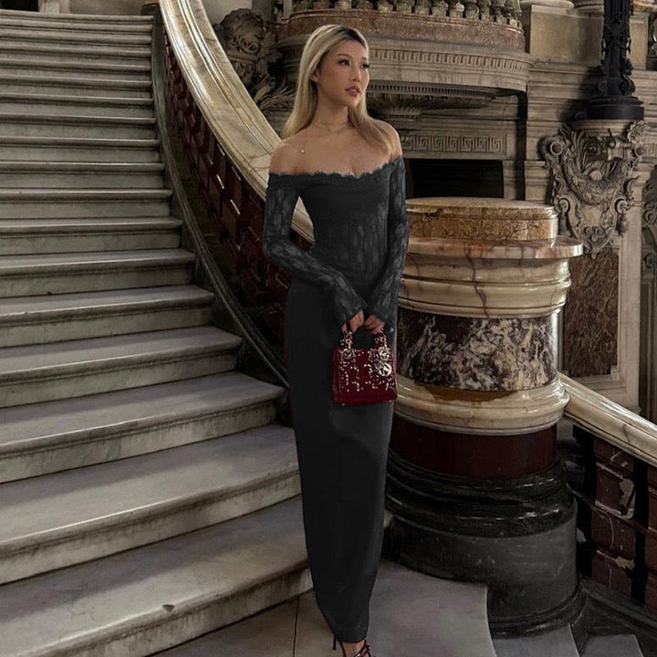 Elegant maxi dress with off-the-shoulder design and lace trim - Tamara