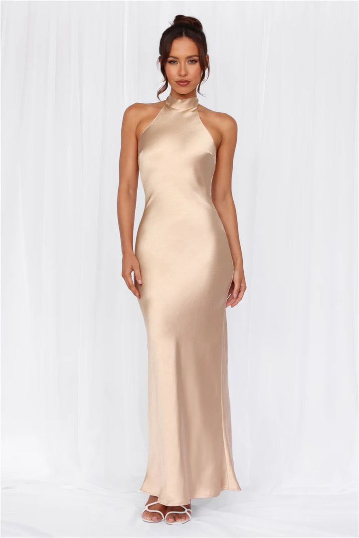 Maxi Satin Dress with Tie at the Neck and Open Back - MAZIE