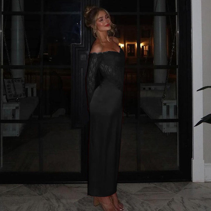 Elegant maxi dress with off-the-shoulder design and lace trim - Tamara