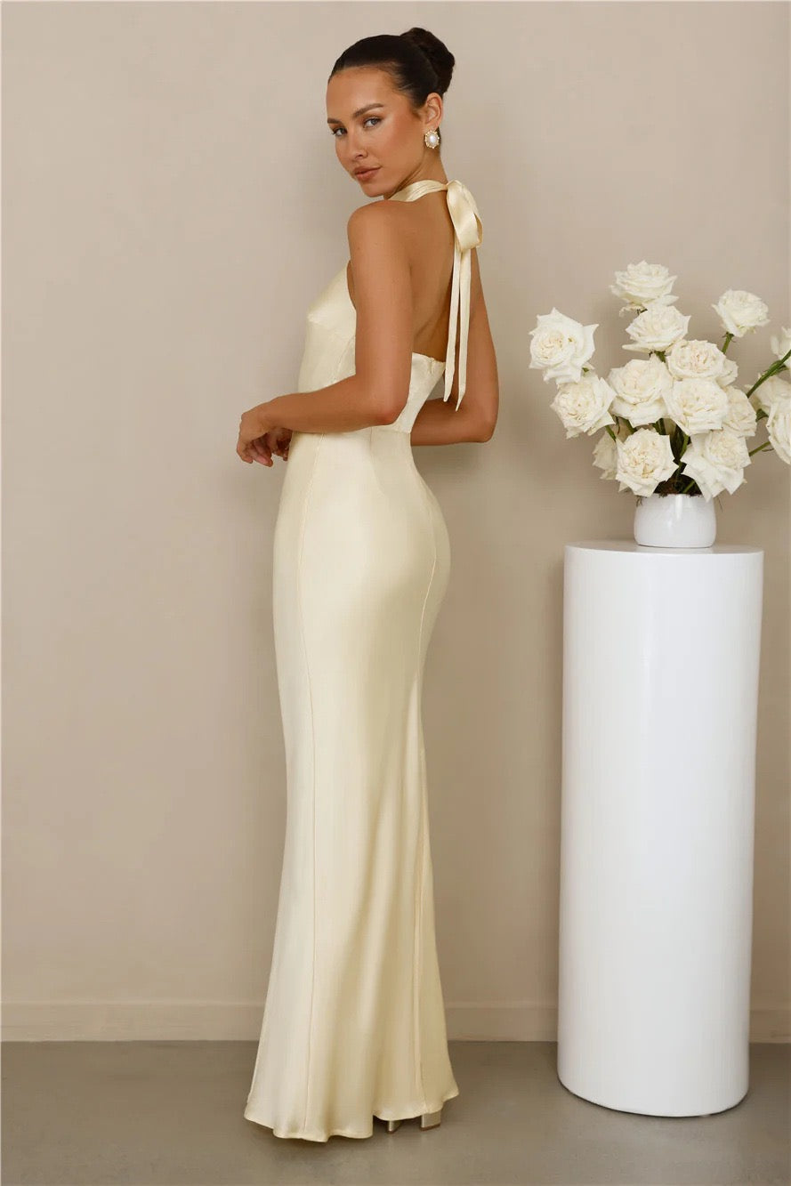 Maxi Satin Dress with Tie at the Neck and Open Back - MAZIE