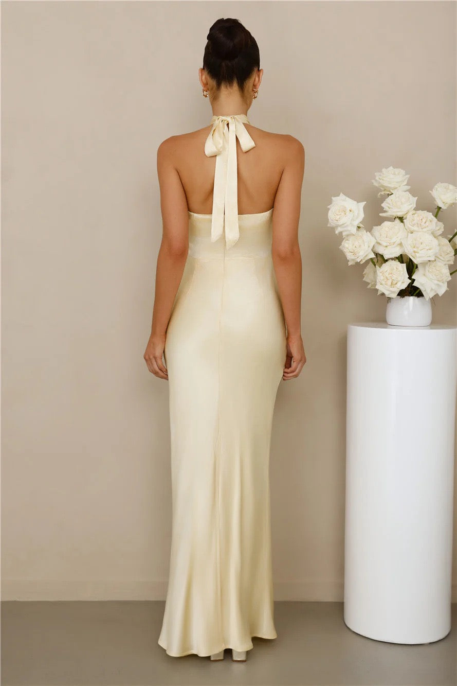 Maxi Satin Dress with Tie at the Neck and Open Back - MAZIE