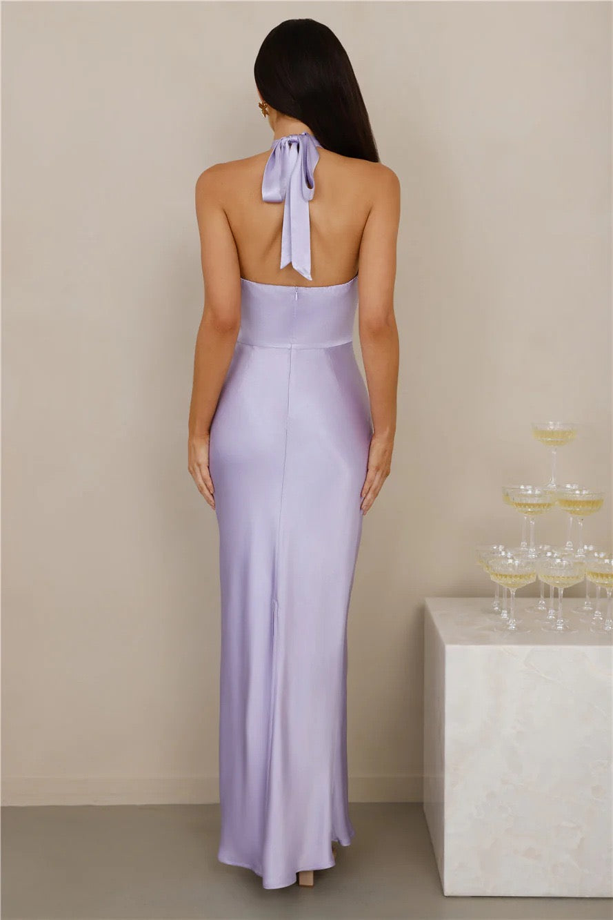 Maxi Satin Dress with Tie at the Neck and Open Back - MAZIE