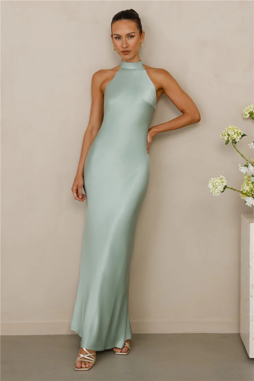 Maxi Satin Dress with Tie at the Neck and Open Back - MAZIE