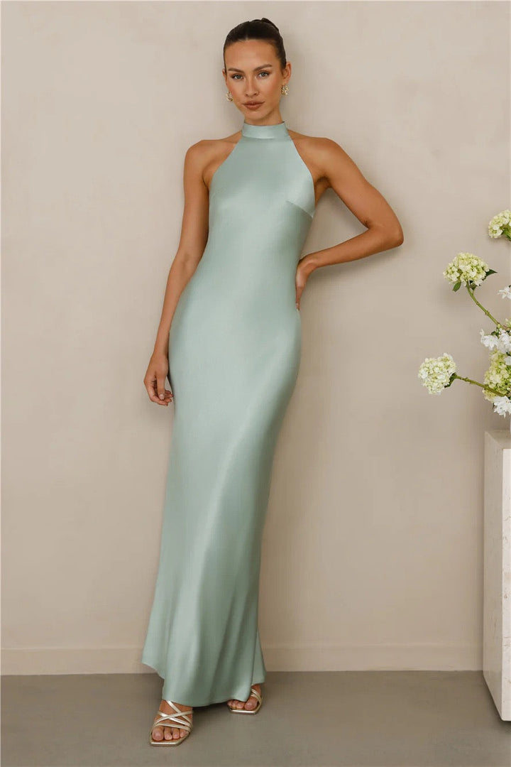 Maxi Satin Dress with Tie at the Neck and Open Back - MAZIE