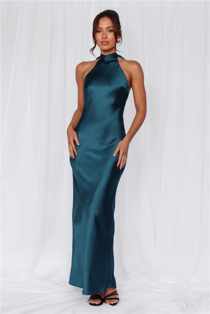 Maxi Satin Dress with Tie at the Neck and Open Back - MAZIE