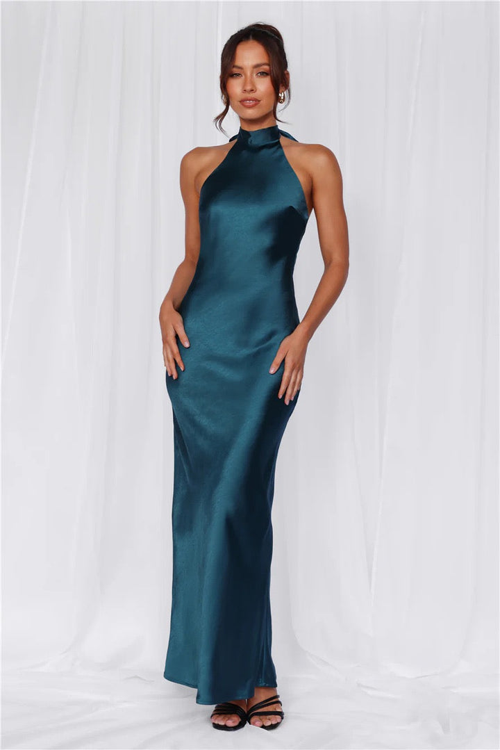 Maxi Satin Dress with Tie at the Neck and Open Back - MAZIE