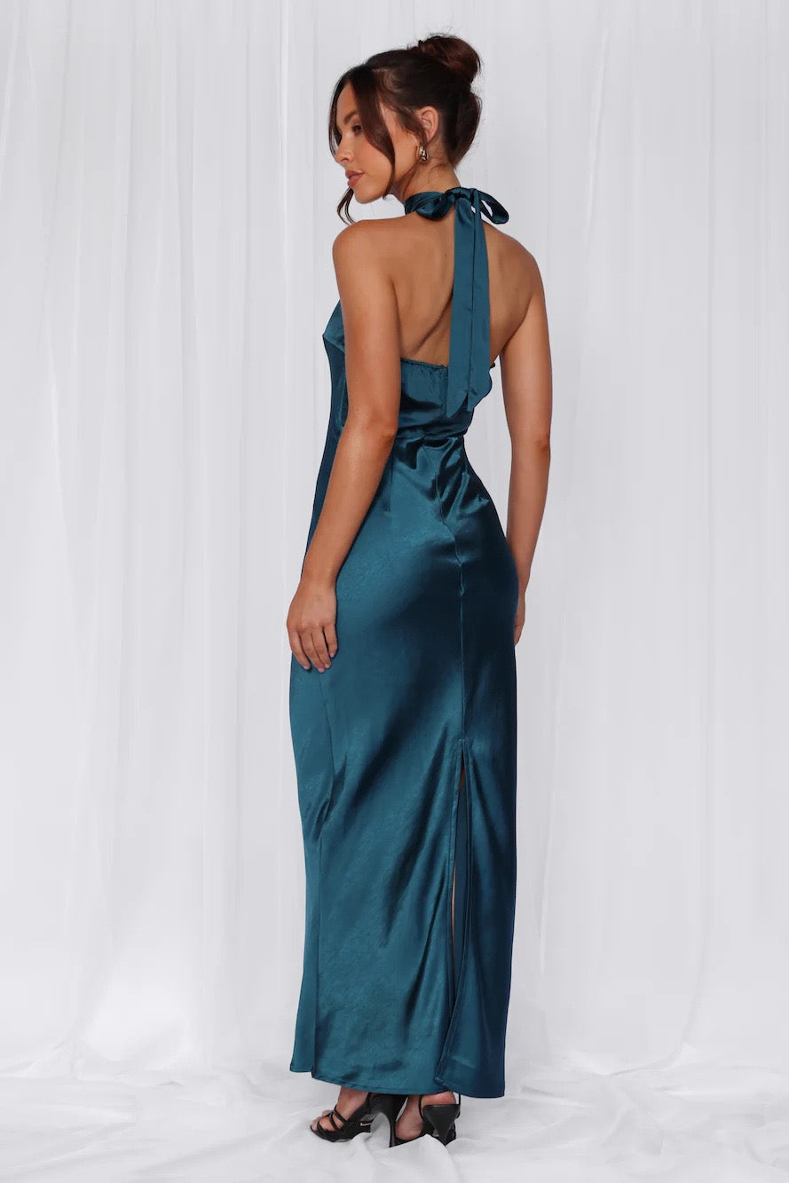 Maxi Satin Dress with Tie at the Neck and Open Back - MAZIE