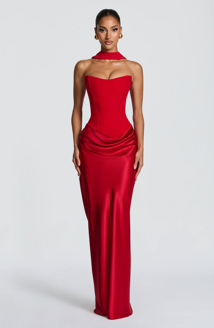 Strapless maxi dress with satin pleats and a tie-back bodice with a scarf decoration - GENNA