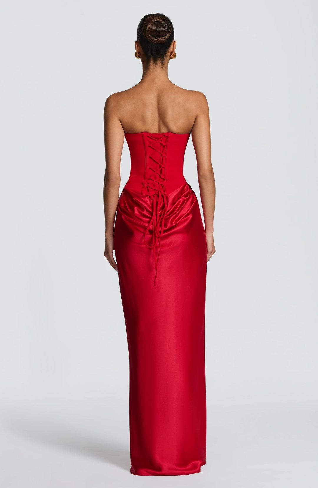 Strapless maxi dress with satin pleats and a tie-back bodice with a scarf decoration - GENNA