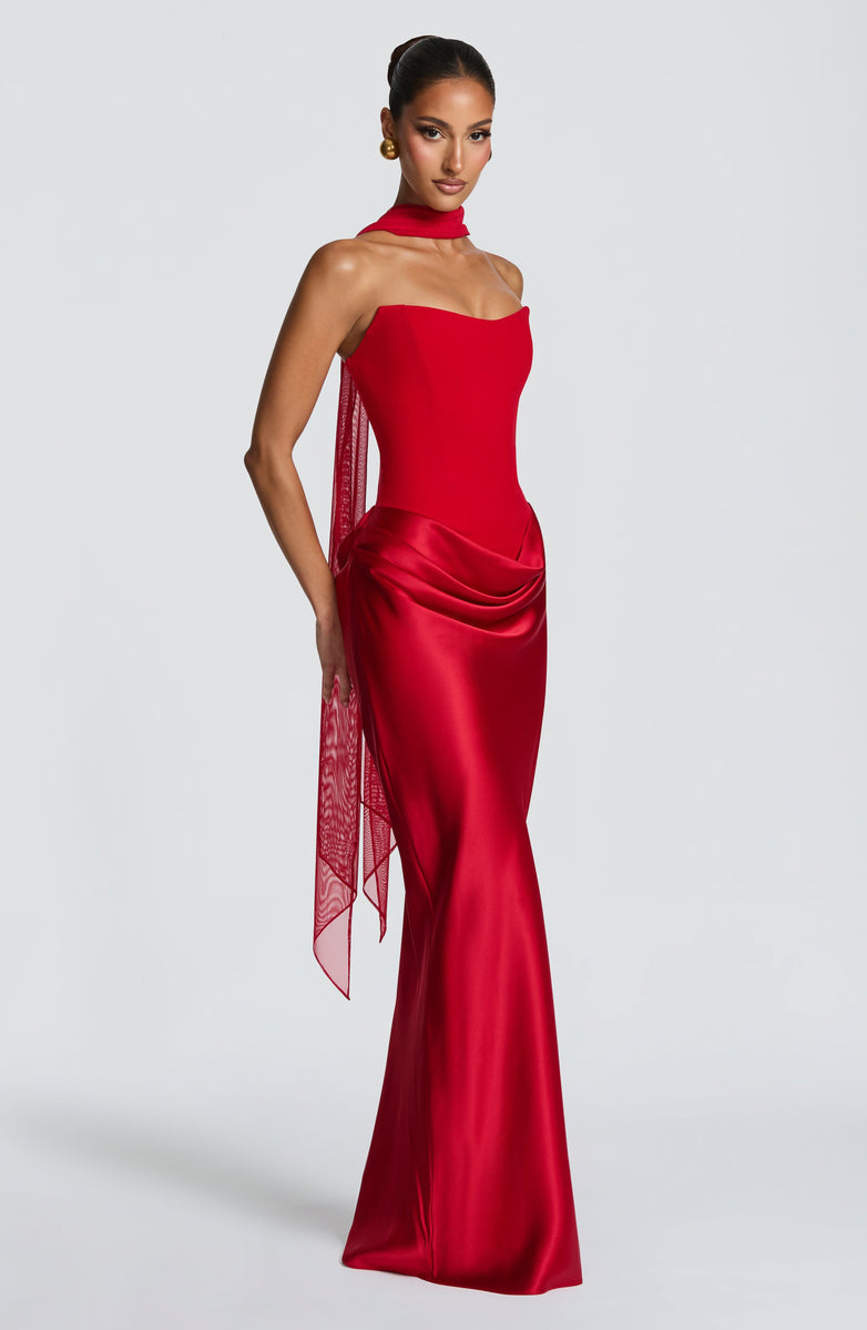 Strapless maxi dress with satin pleats and a tie-back bodice with a scarf decoration - GENNA