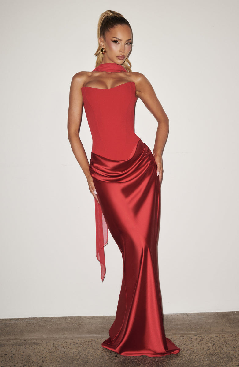 Strapless maxi dress with satin pleats and a tie-back bodice with a scarf decoration - GENNA