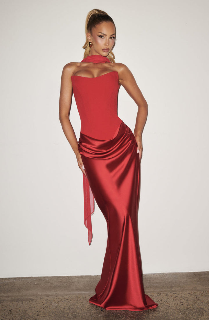 Strapless maxi dress with satin pleats and a tie-back bodice with a scarf decoration - GENNA