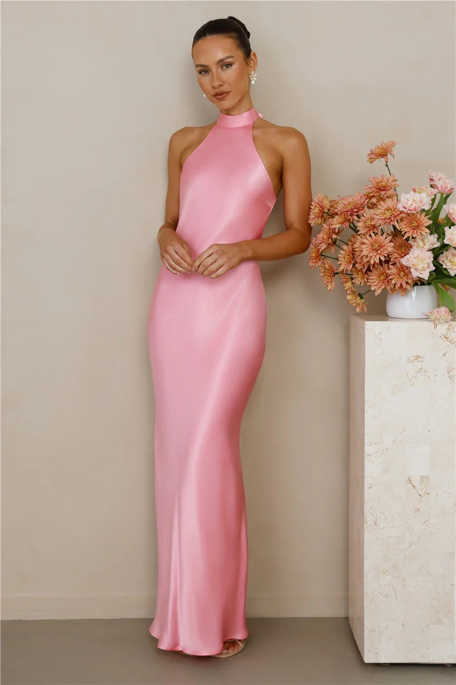 Maxi Satin Dress with Tie at the Neck and Open Back - MAZIE