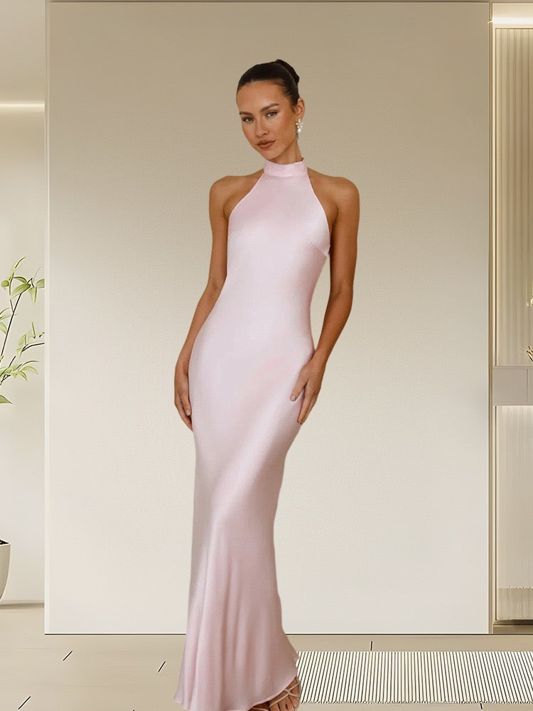 Maxi Satin Dress with Tie at the Neck and Open Back - MAZIE