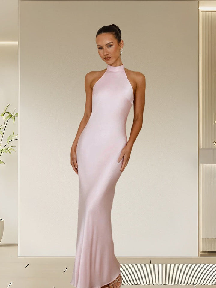 Maxi Satin Dress with Tie at the Neck and Open Back - MAZIE