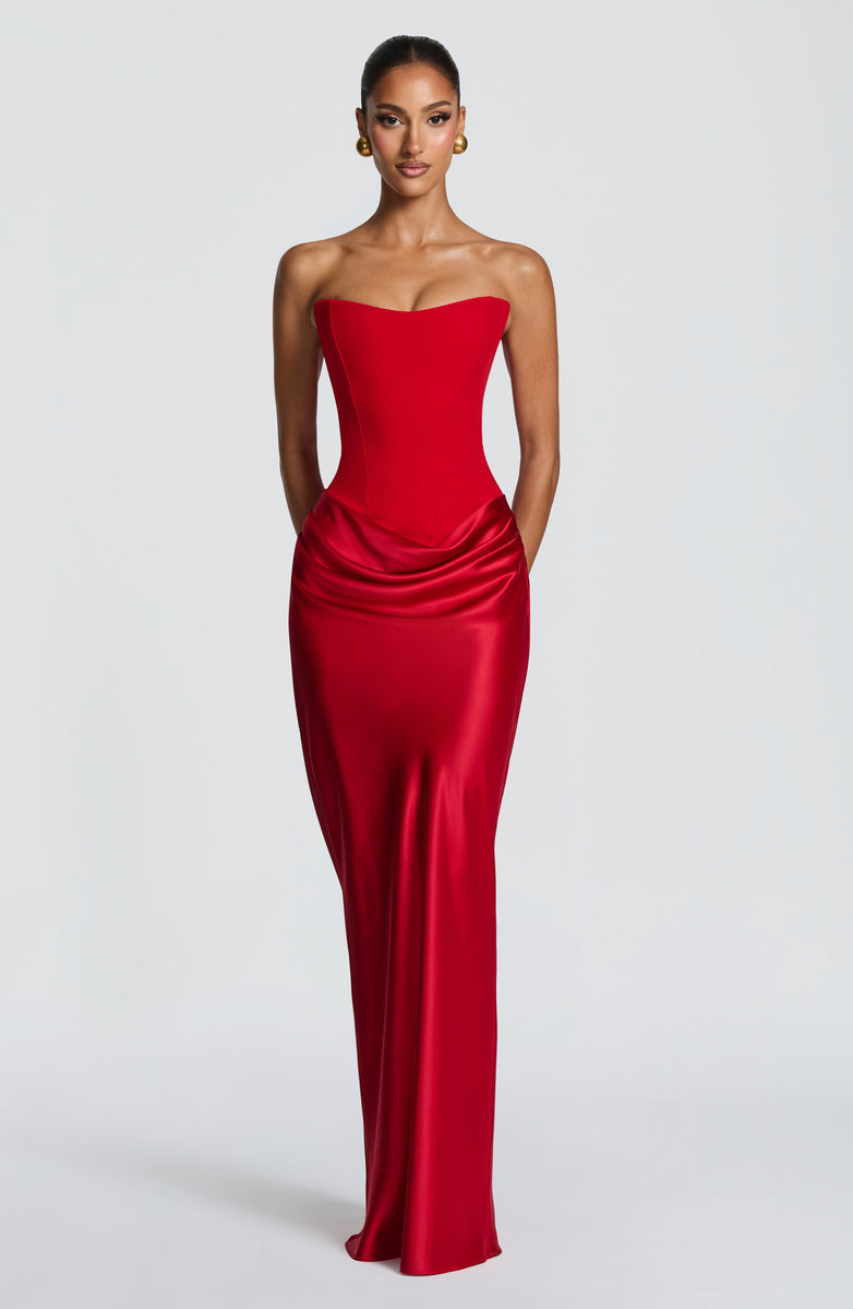 Strapless maxi dress with satin pleats and a tie-back bodice with a scarf decoration - GENNA