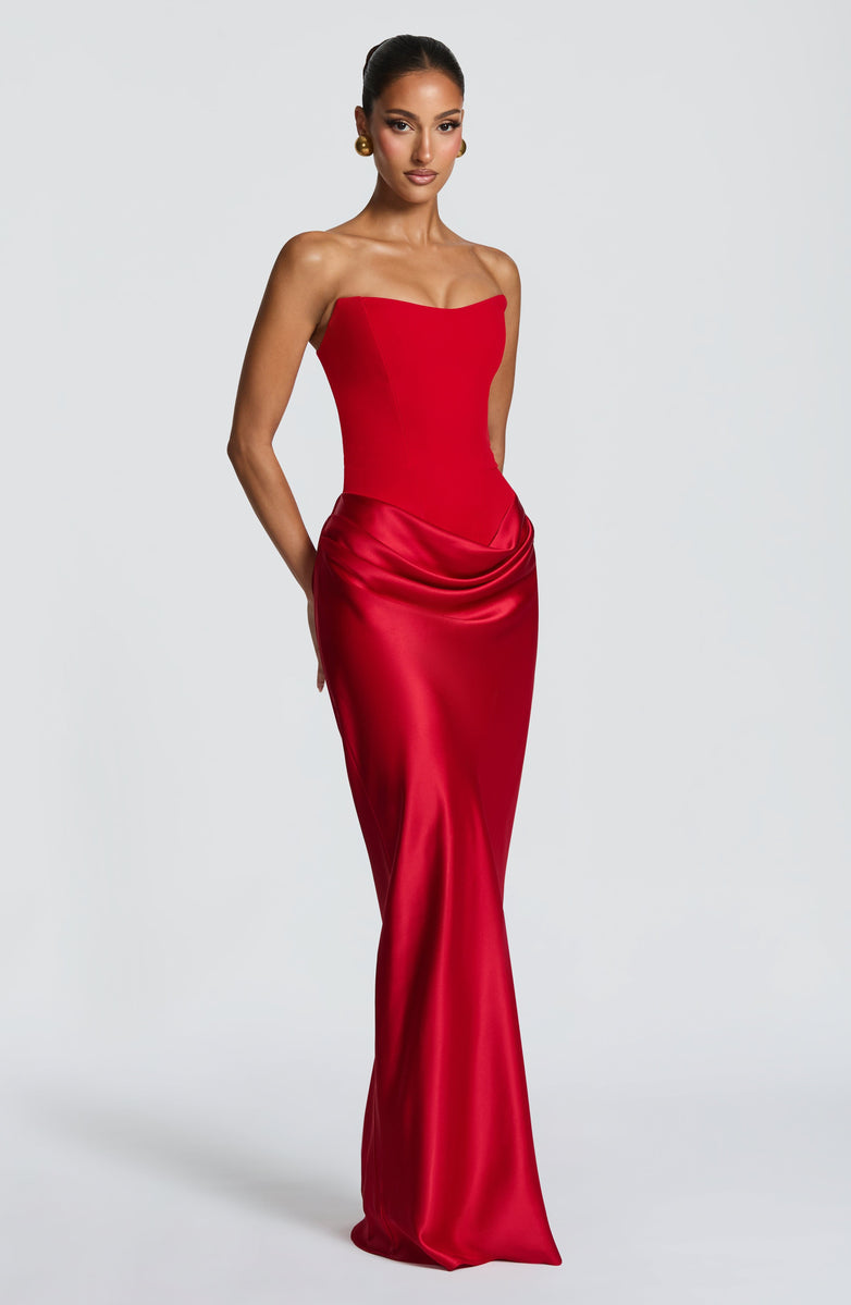 Strapless maxi dress with satin pleats and a tie-back bodice with a scarf decoration - GENNA