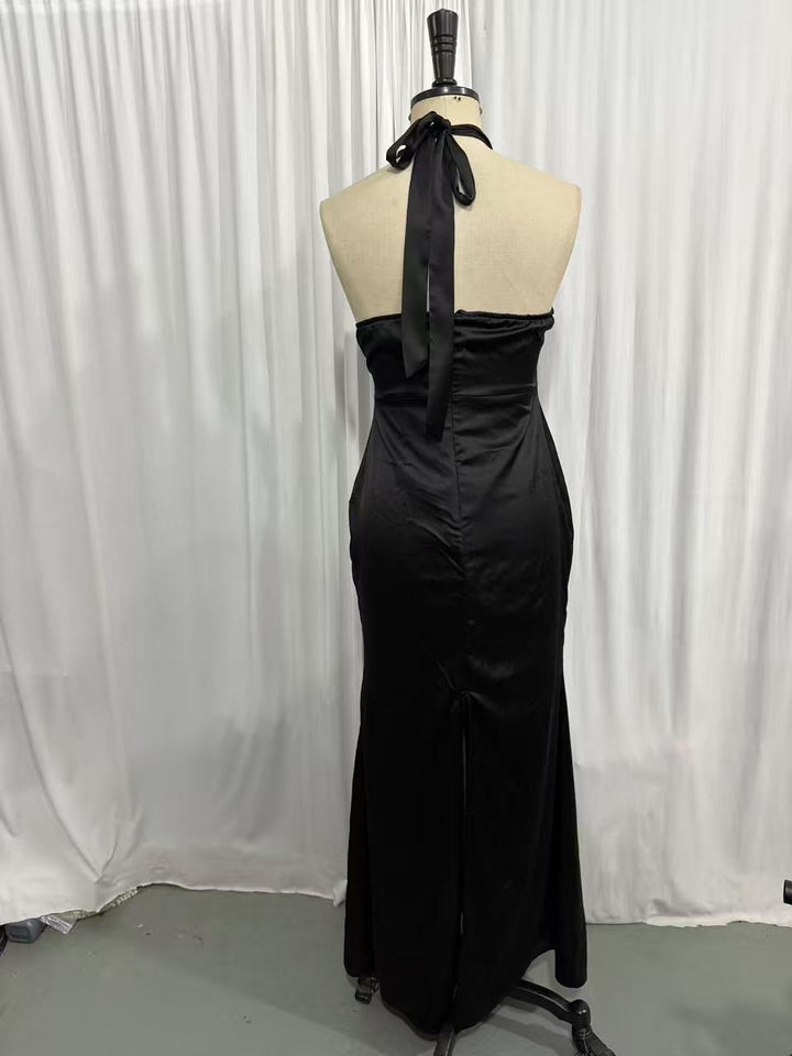 Maxi Satin Dress with Tie at the Neck and Open Back - MAZIE